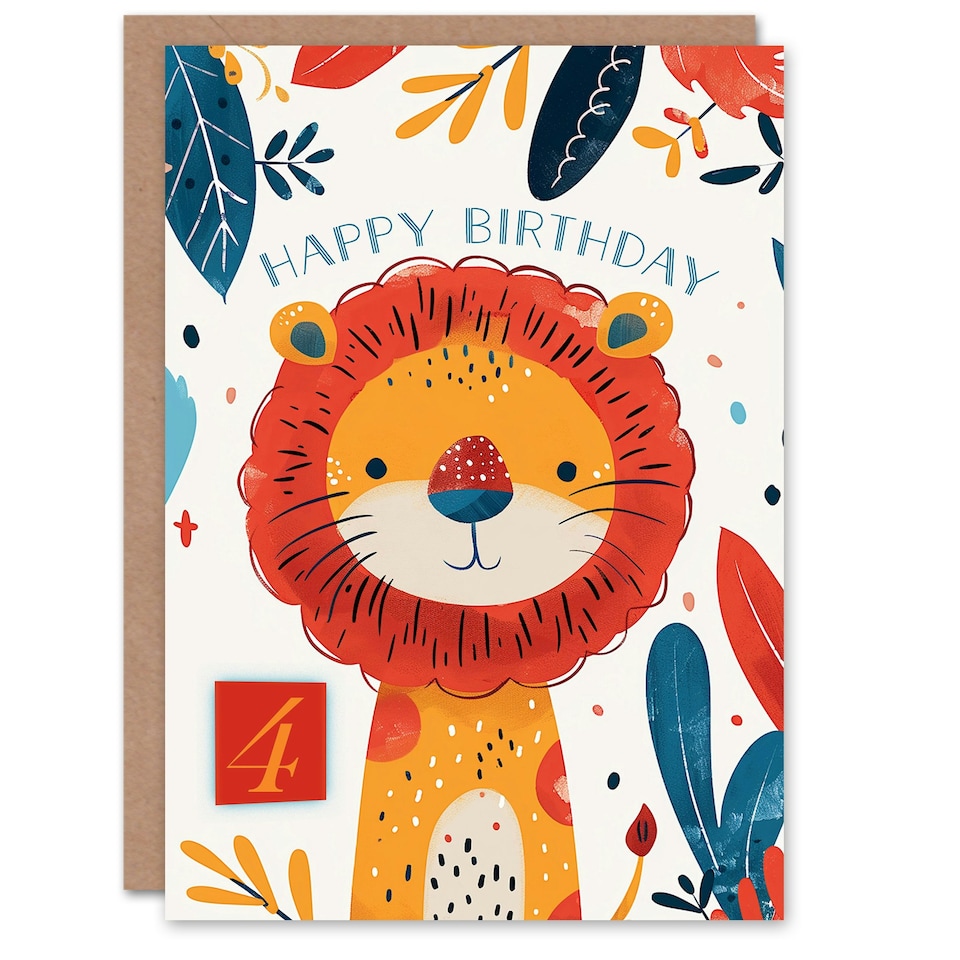 image 1 of Cute Jungle Lion Bright Cartoon Drawing 4th Year Child Kids Birthday Card