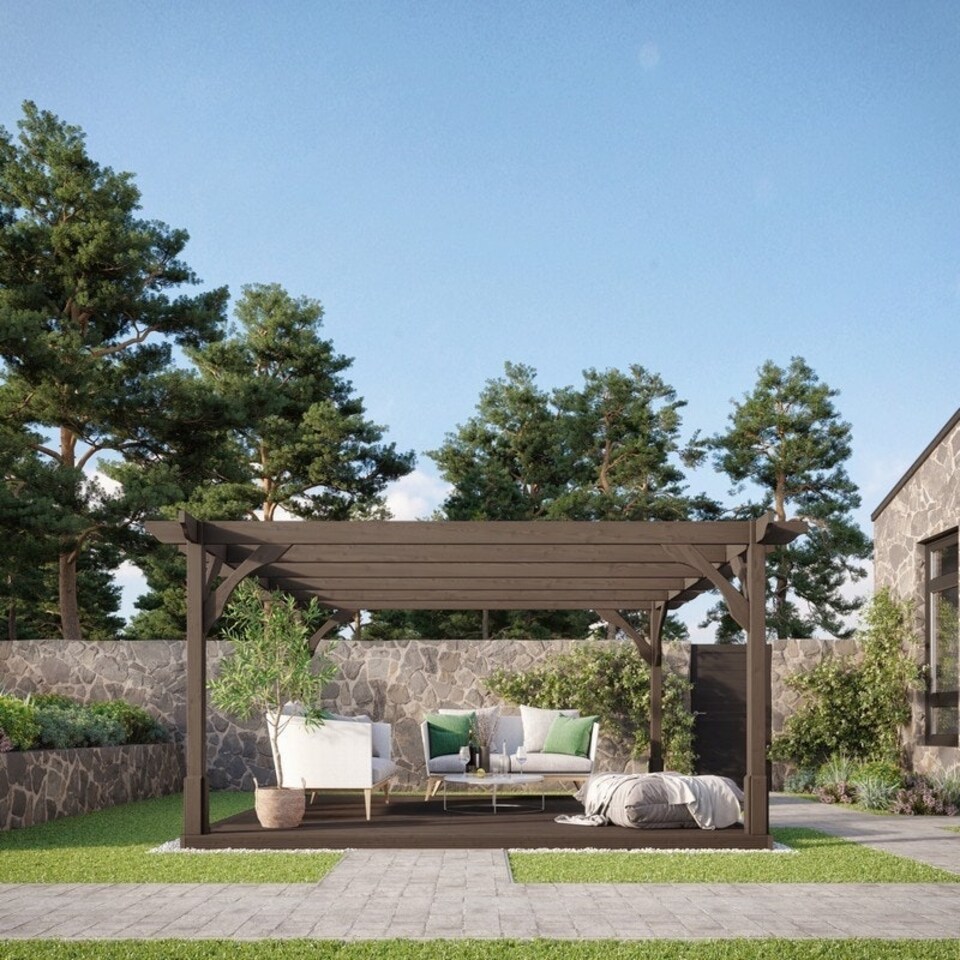image 1 of Premium Pergola and Decking Kit - Wood - L360 x W360 x H270 cm - Rustic Brown