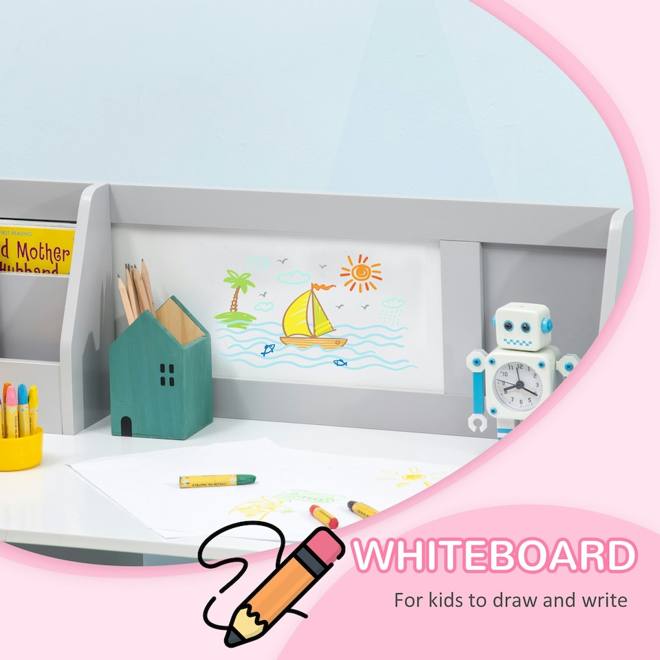 image 1 of HOMCOM Kids Table and Chair Set 2 PCs Table and Chair Set w/ Whiteboard Grey