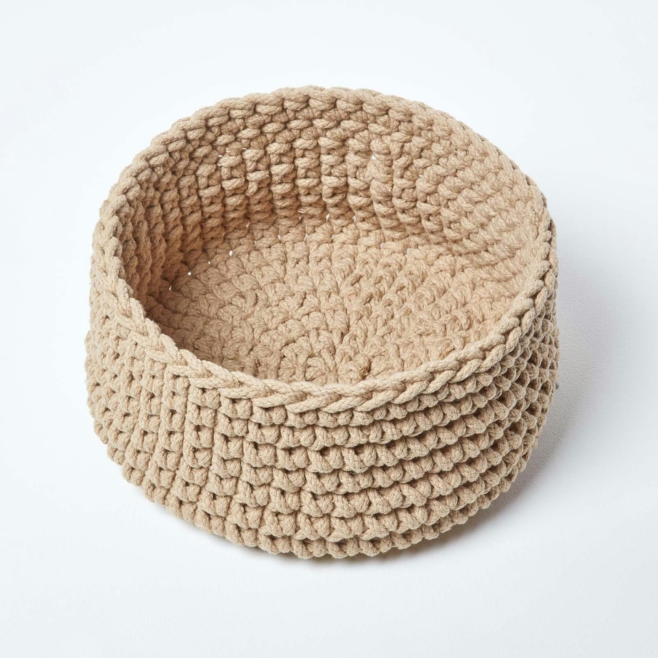 image 1 of Homescapes Linen Cotton Knitted Round Storage Basket - 37 x 21 cm Cream | M