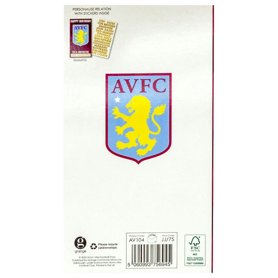 image 1 of Aston Villa FC Customisable Birthday Card - Claret/Blue - One Size
