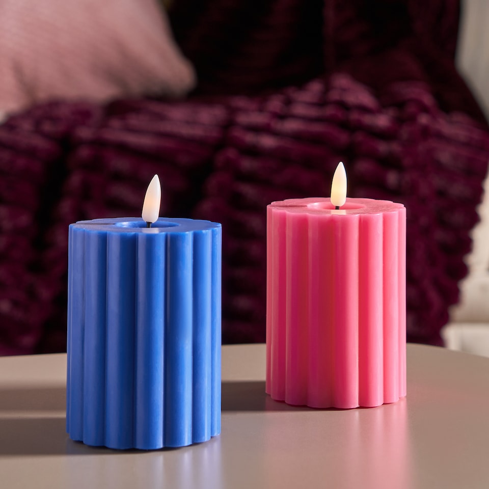 image 1 of OHS Set of 2 Ribbed Flameless LED Candles Decorative Lights Party Home | Multi | Blue & Pink