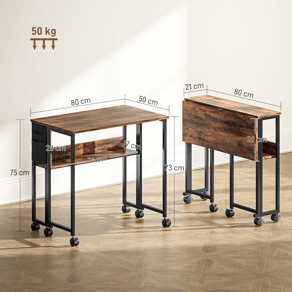 image 1 of HOMCOM Folding Desk with Storage Shelf and Bag, 80 cm Foldable Computer Desk for Small Spaces, Space Saving Writing Table on Wheels for Home Office, Bedroom, Easy Assembly, Rustic Brown | Brown