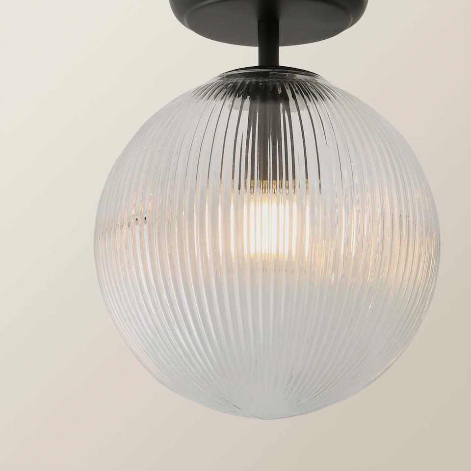 image 1 of ValueLights Kempton Black Flush Ceiling Light Ribbed Globe Shade | Black