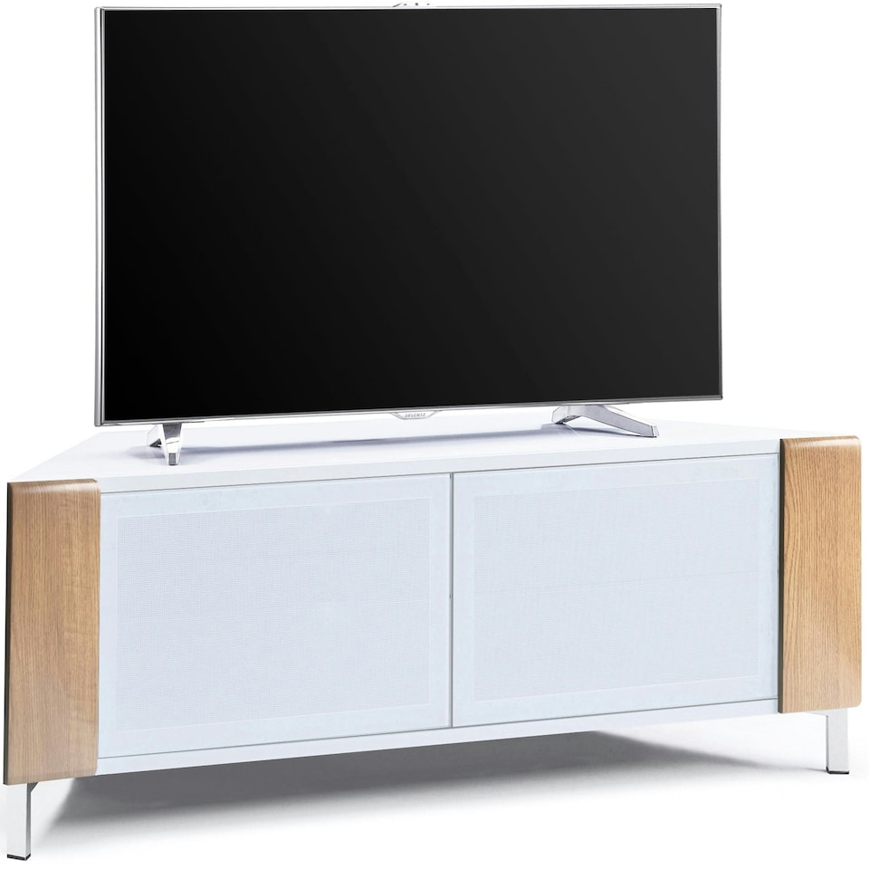 image 1 of MDA Designs CORVUS Corner-Friendly Gloss White Contemporary Cabinet with Oak Profiles White BeamThru Glass Doors Suitable for Flat Screen TVs up to 50" | Multi | 1