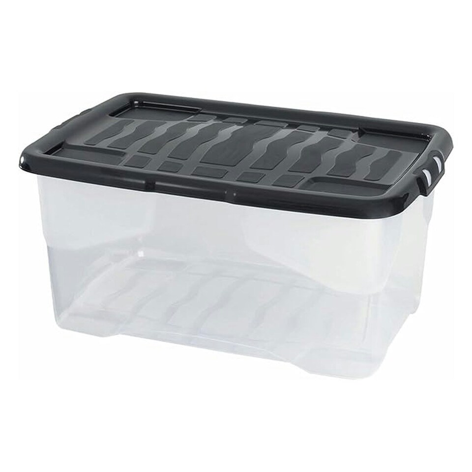 image 1 of 1 x 42 Litres Clear Transparent Base Curve Storage Container With Black Lid For Home & Office Clear