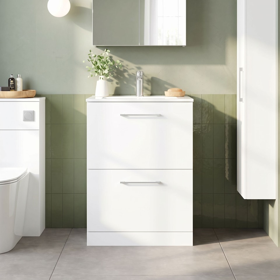 image 1 of Balterley Modern Bathroom 2 Soft Close Drawer & Minimalist Floor Standing Vanity Unit Basin | White | Gloss White | 818 x 600 x 390mm