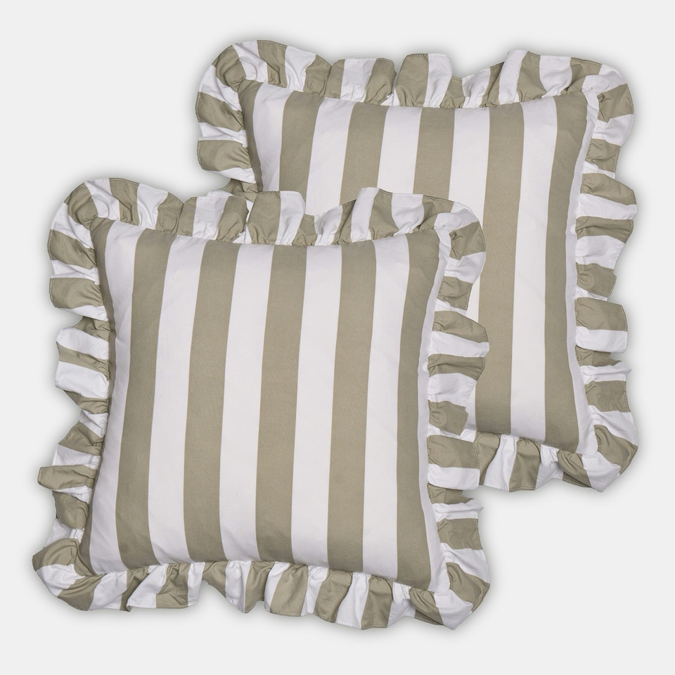 image 1 of OHS 2 Pack Stripe Frill Edge Soft Plush Cosy Cushion Covers Green | Sage