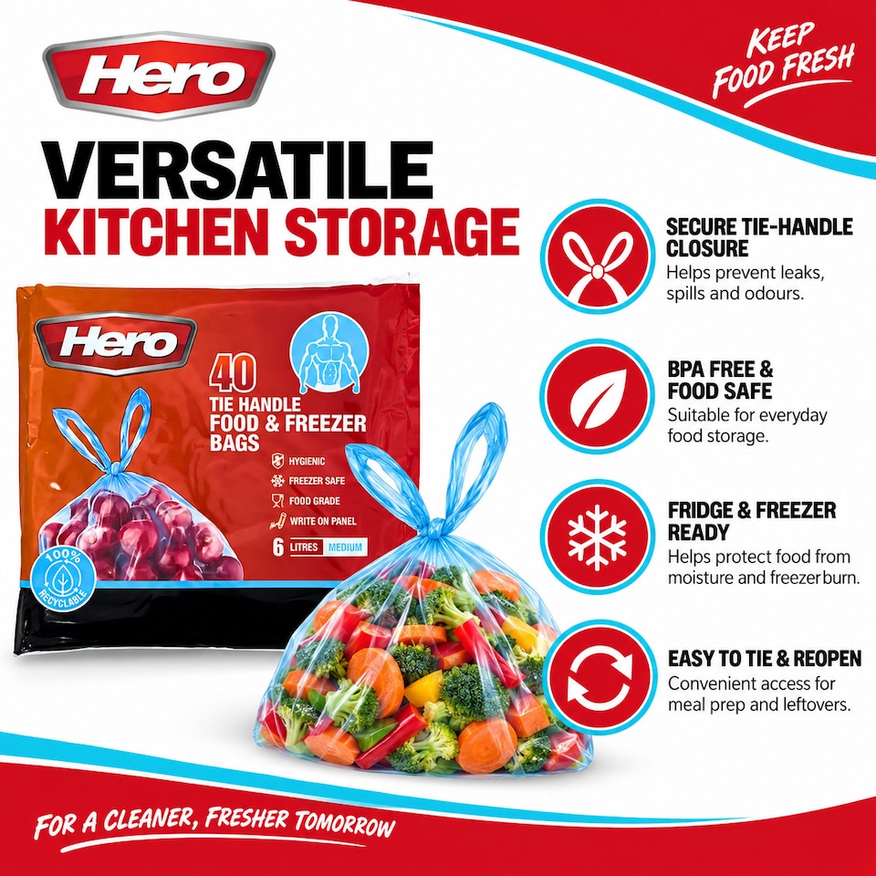 image 1 of Hero Tie Handle Food Storage Bags 6L Pack of 40 Reusable BPA Free Freezer & Sandwich Bags with Airtight Seal for Fruits, Vegetables, Meat and Grains