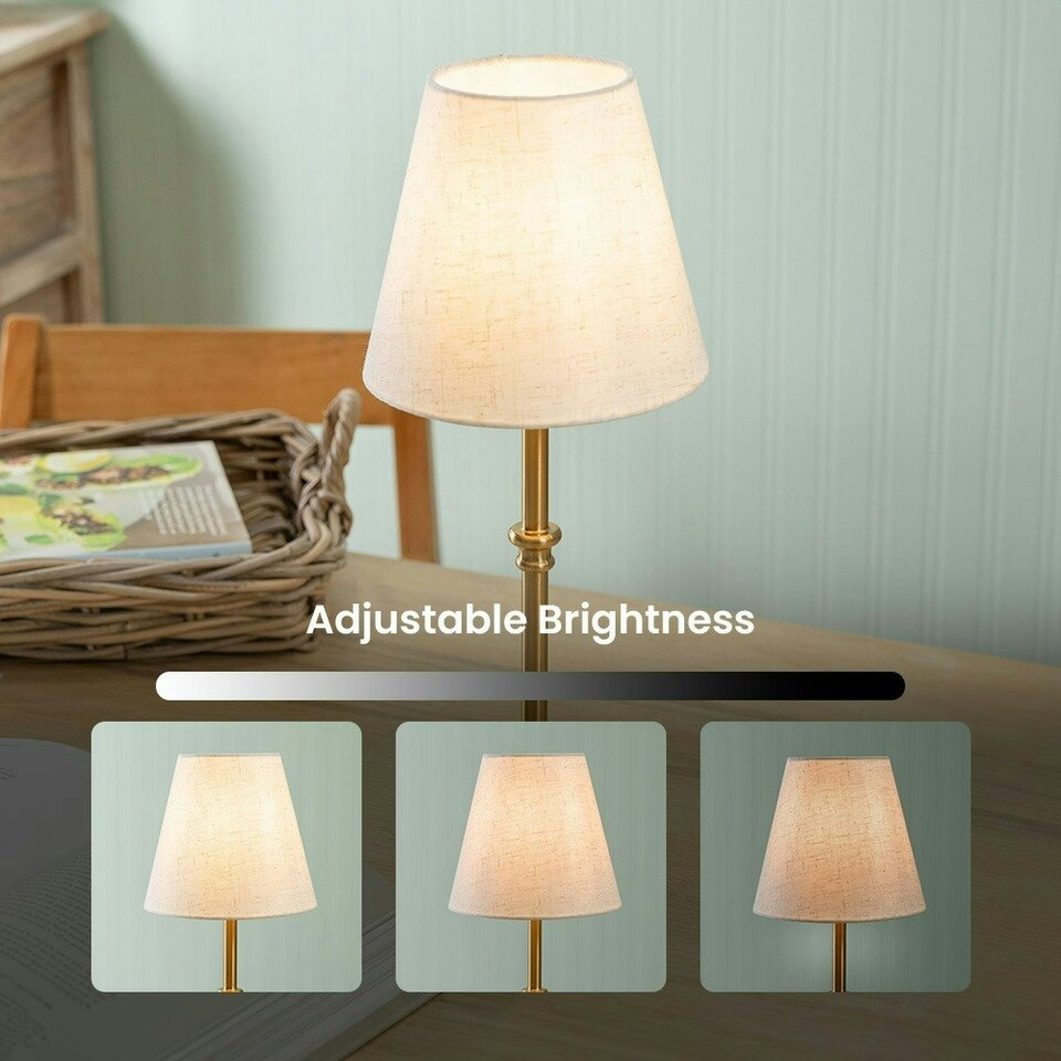 image 1 of ValueLights Lowe Brushed Gold Table Lamp with Natural Tapered Shade and Globe LED 2W Cool White 2700K Bulb