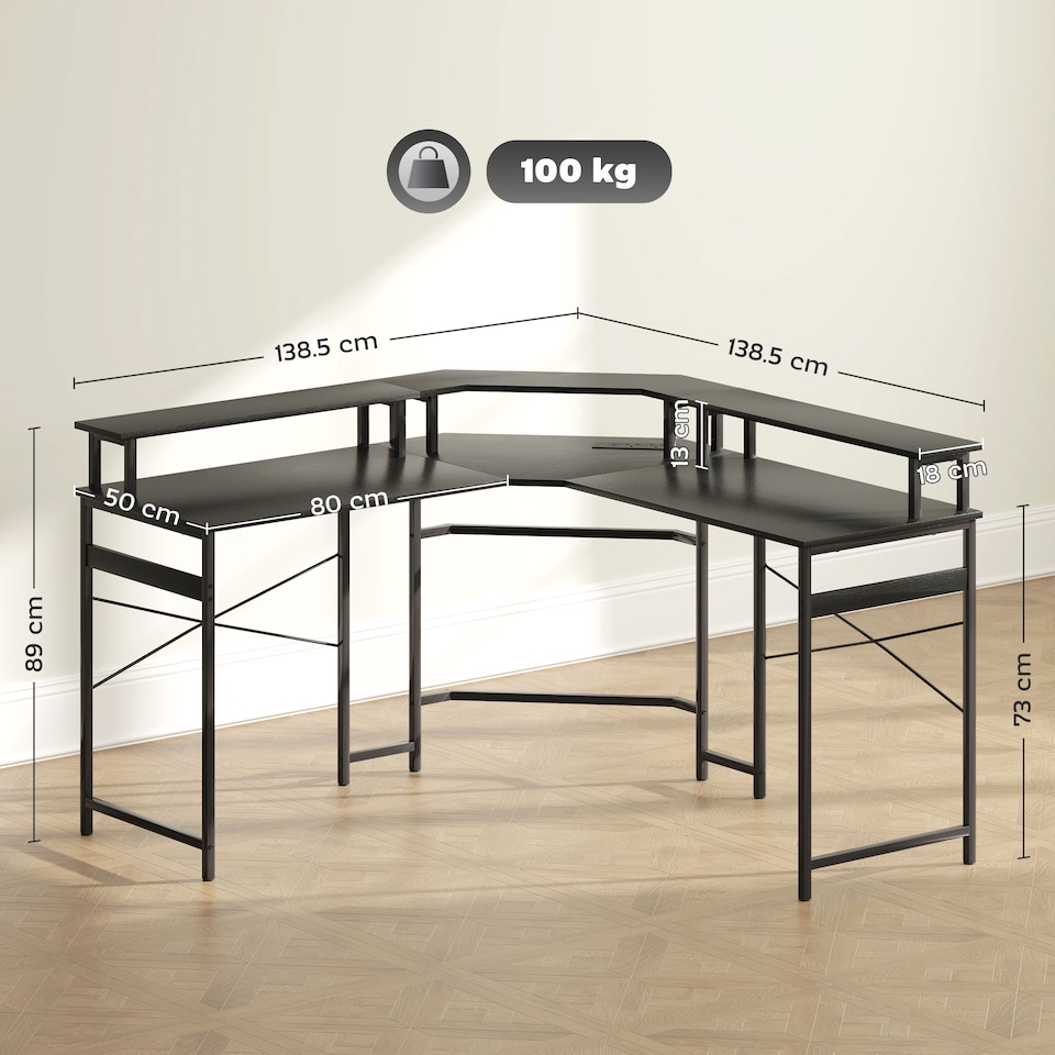 image 1 of HOMCOM L Shaped Desk with Power Outlets and LED Lights, Corner Computer Desk with Monitor Stand, Gaming Desk for Home Office, Black | Black