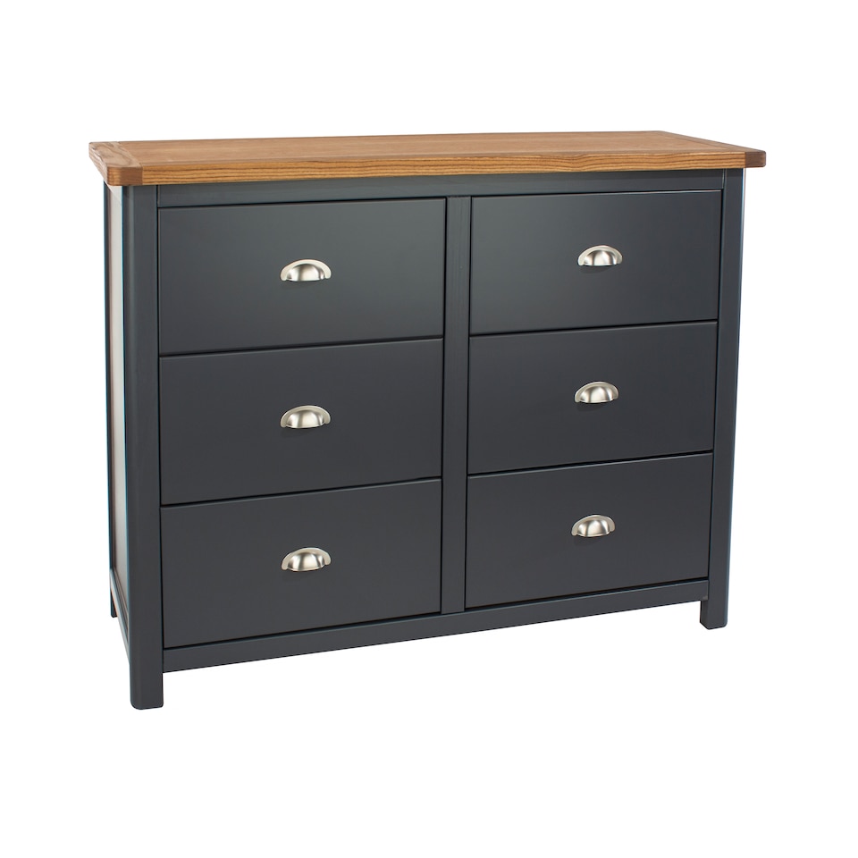 image 1 of Dunkeld 3+3 Drawer Wide Chest - Midnight Blue Painted Wood Bedroom Storage with Antique Waxed Top | Blue | Blue | 1