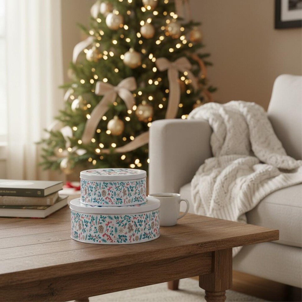 image 1 of Holly Tangle Round Christmas Cake Tin Set
