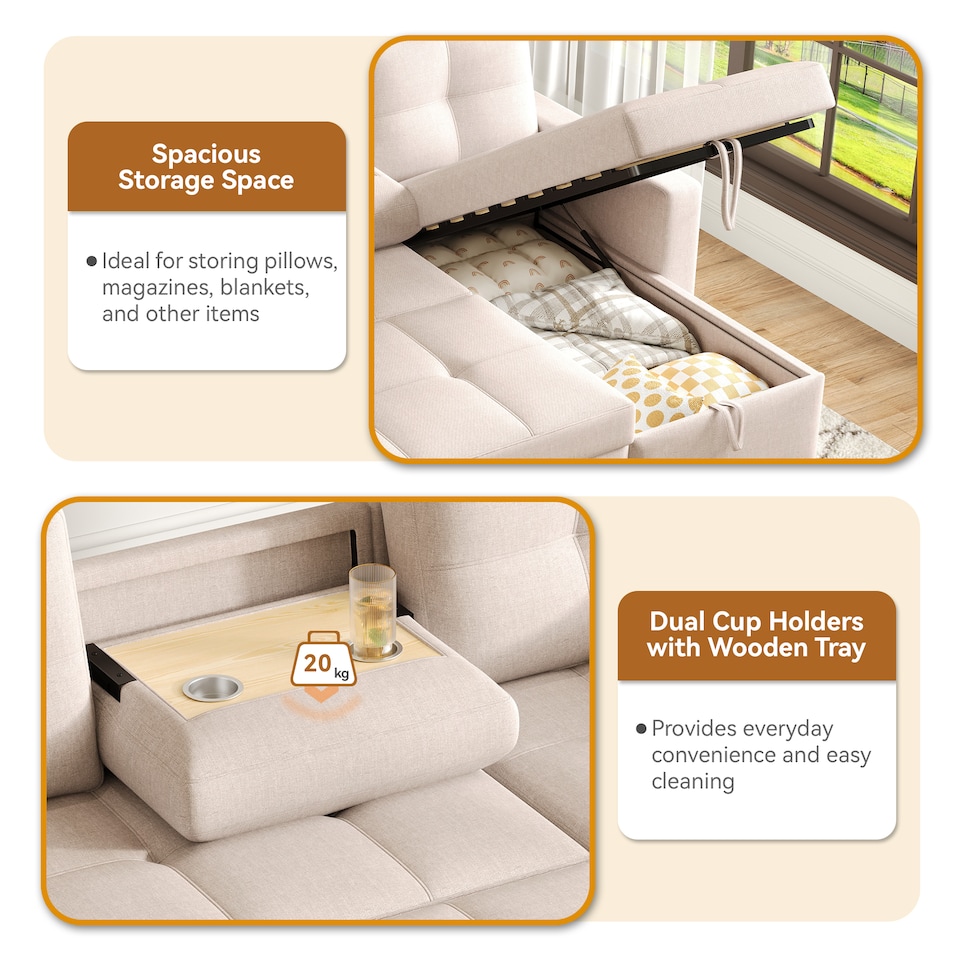 image 1 of FENCHILIN Sofa Bed with Pull-Out Sleeper Reversible Chaise Drop-Down Cup Holder Side Pockets Beige