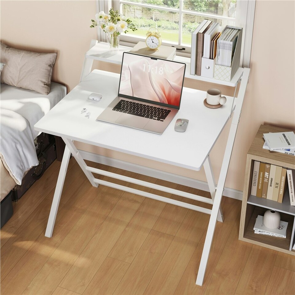 image 1 of Yaheetech 2-Tier Foldable Computer Desk w/ Monitor Shelf