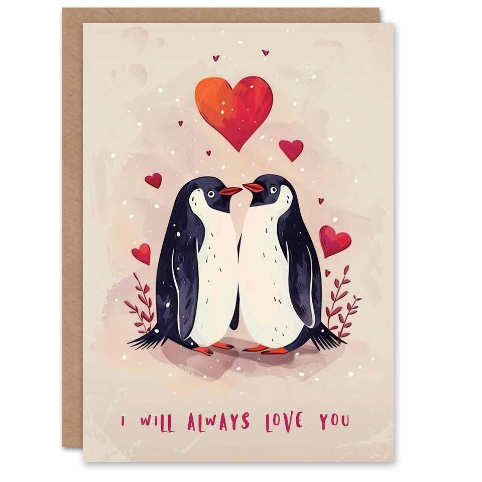 image 1 of Cute Couple Hearts Always Love You Penguin Partner Anniversary Card