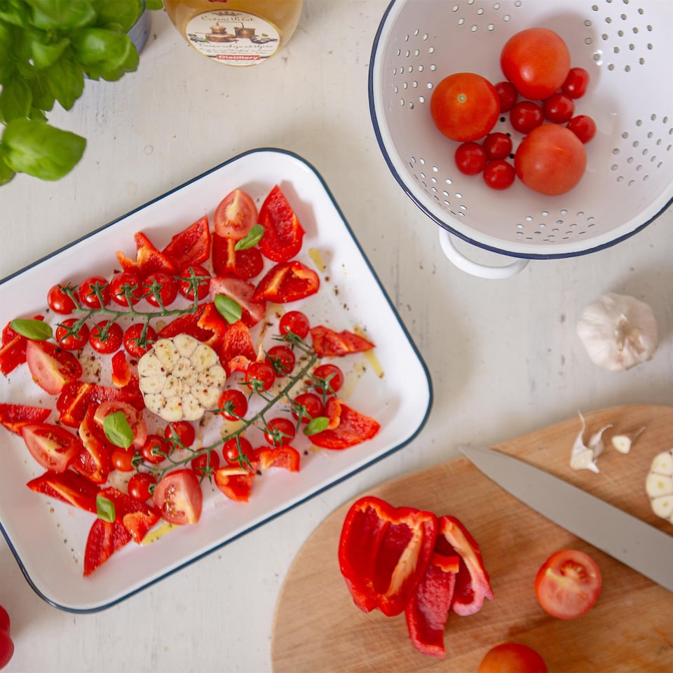 image 1 of Argon Tableware White Rectangle Enamel Baking Tray - 34cm x 26cm - Blue