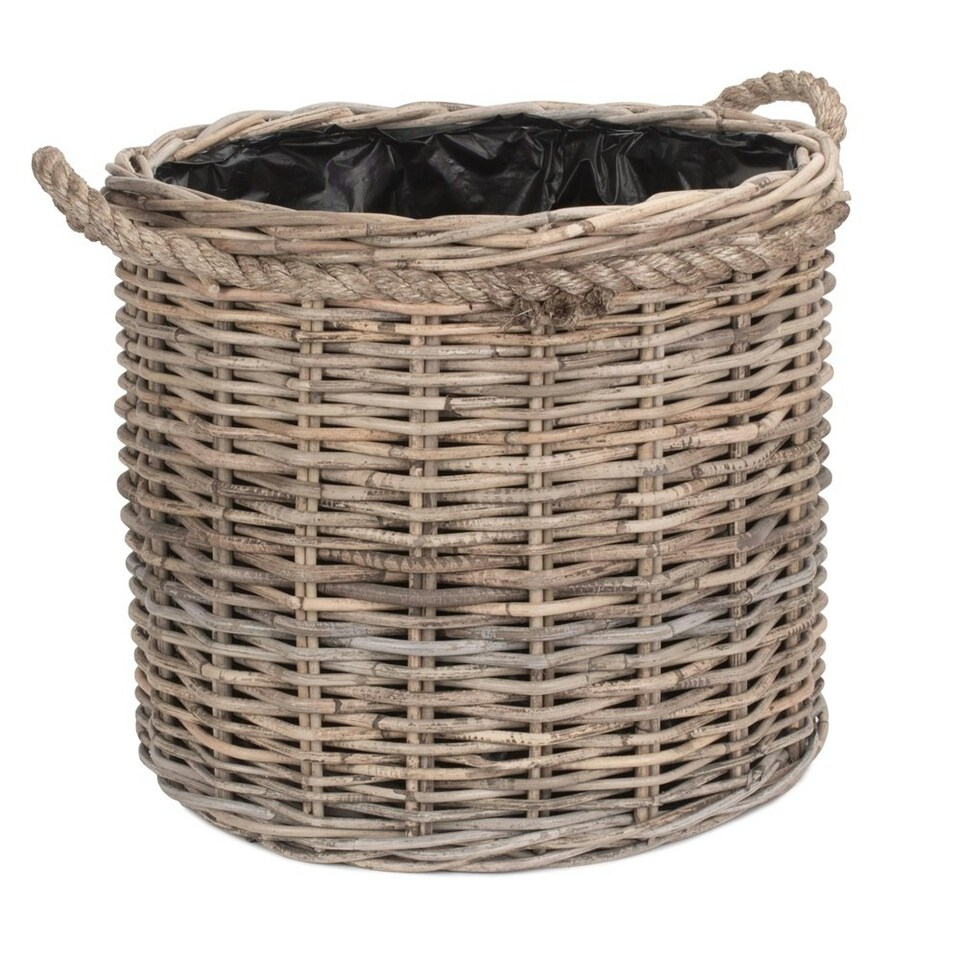 image 1 of Set of 2 Rope Handled Rattan Round Planter with Plastic Lining