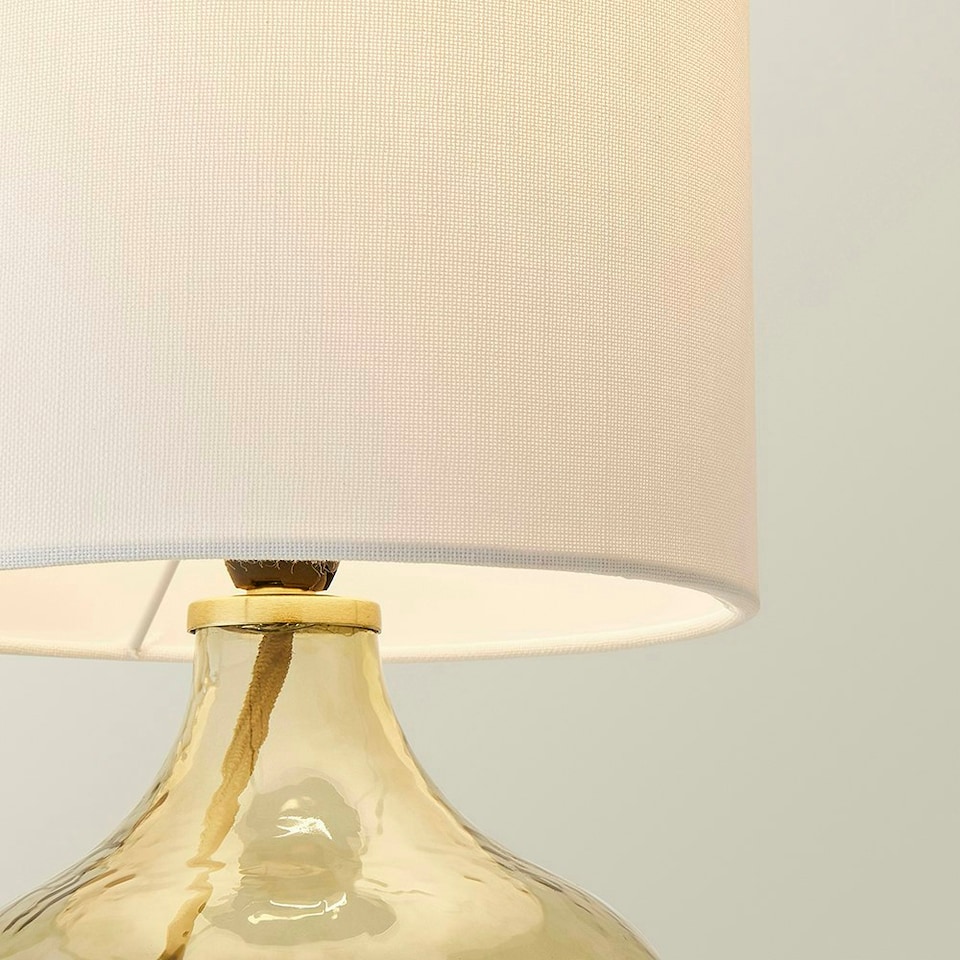 image 1 of ValueLights Emily Natural Linen Drum Shade Dark Green Glass Teardrop Table Lamp and LED Bulb Green