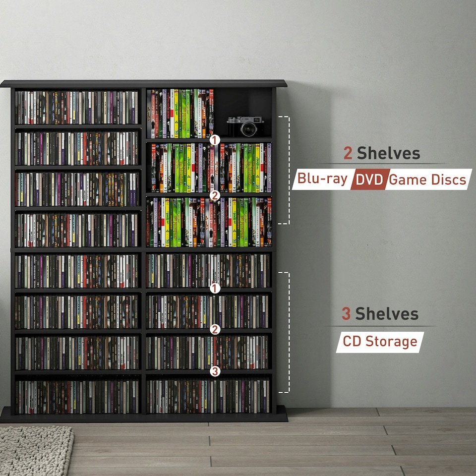 image 1 of HOMCOM CD Storage Unit DVD Tower Blu-ray Storage Shelf for Office, Black Black