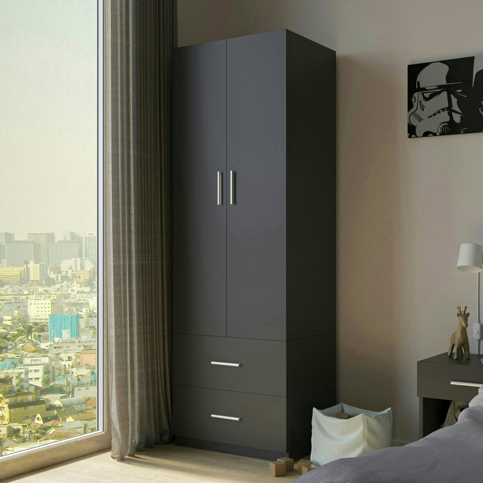 image 1 of 2-Door 2-Drawer Wardrobe | Grey | Unit Colour: Grey