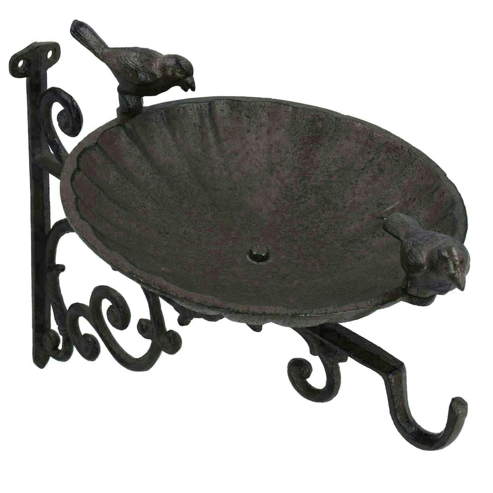 image 1 of Wall Mount Bird Bath Cast Iron Feeder Ornament Garden Feature Statue Fence