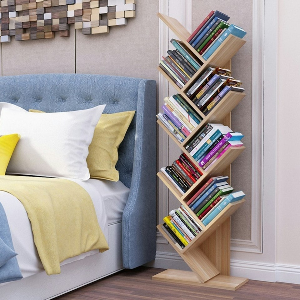 image 1 of Living and Home Wooden Tree Bookshelf Display Rack 9 Shelf- Brown