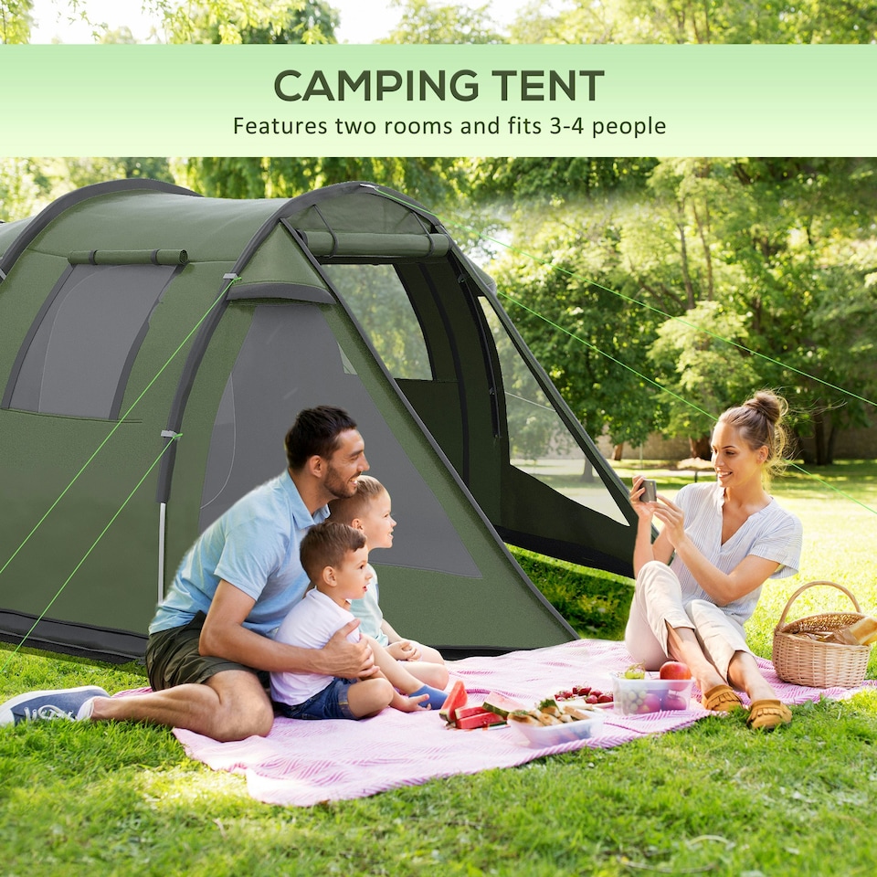 image 1 of Outsunny 3-4 Persons Tunnel Tent, Two Room Camping Tent w/ Windows, Black