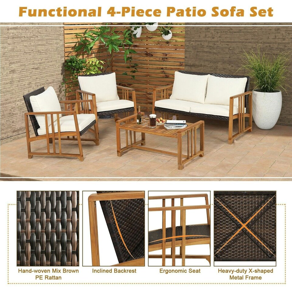 image 1 of COSTWAY 4 PCS Outdoor Patio Rattan Chair Table Set w/Cushions