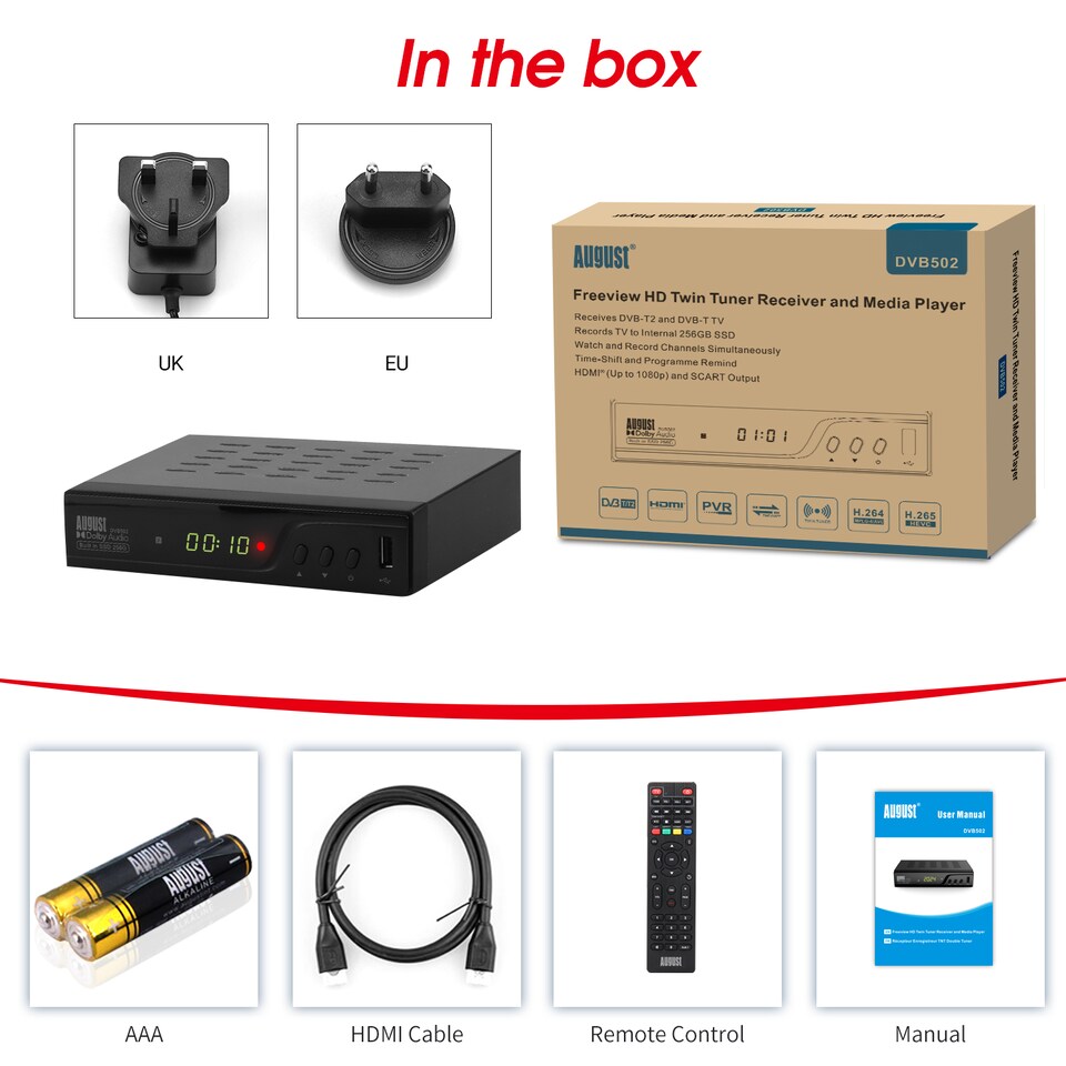 image 1 of Twin Tuner PVR Freeview HD Set Top Box- Record 2 Channels Simultaneously- 256GB SSD Storage, USB PVR & Media Player- August DVB502