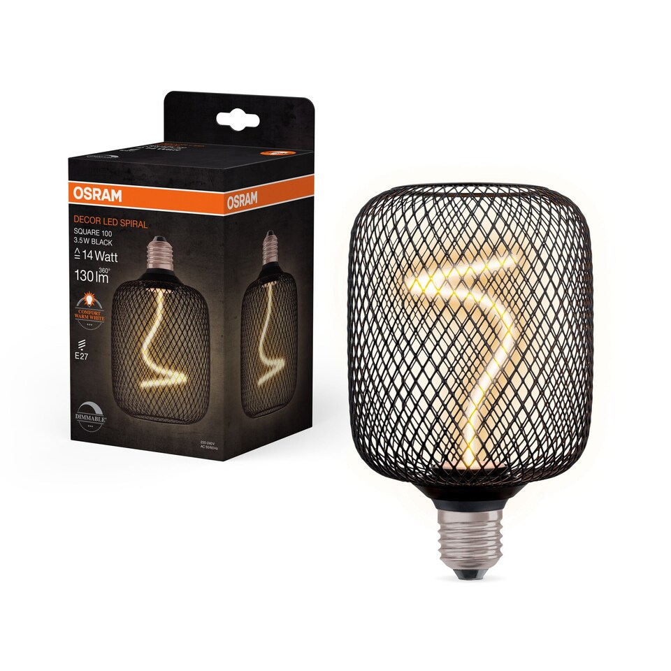 image 1 of Osram Decor LED Spiral Filament Square Lamp Bulb Black 14W Warm White Dimmable