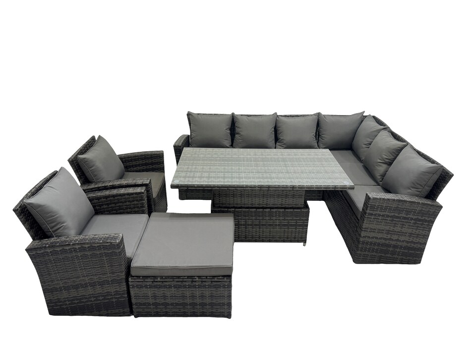 image 1 of Fimous 9 Seat Rattan Garden Furniture Corner Sofa Set Outdoor Adjustable Lifting Dining or Coffee Table Set with Big Footstool Dark Grey Mixed