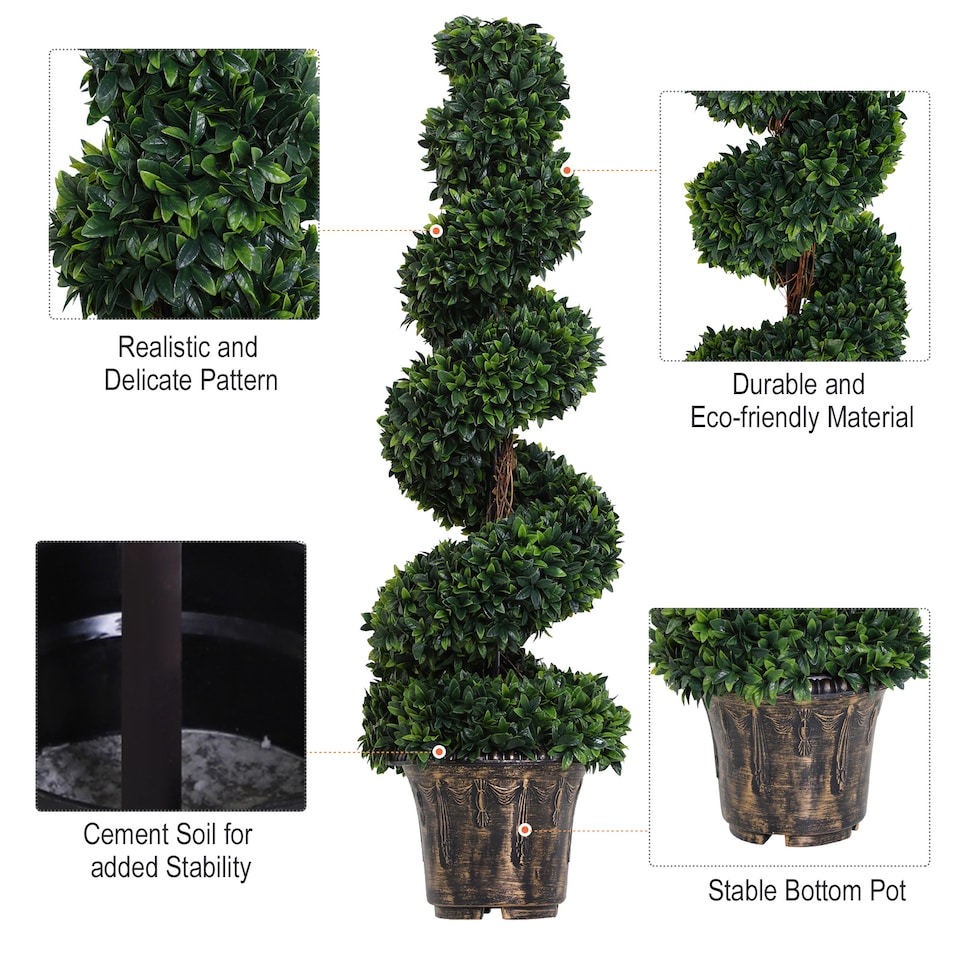 image 1 of Outsunny Set of 2 Artificial Trees, Artificial Boxwood Spiral Topiary Trees Potted Decorative Plant Indoor Decor 120cm