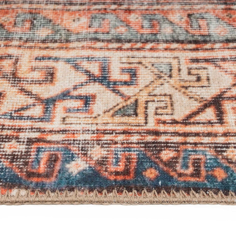 image 1 of KUKOON Terracotta Blue Distressed Persian Style Non Slip Washable Low Pile Rug 200cm x 290cm Orange