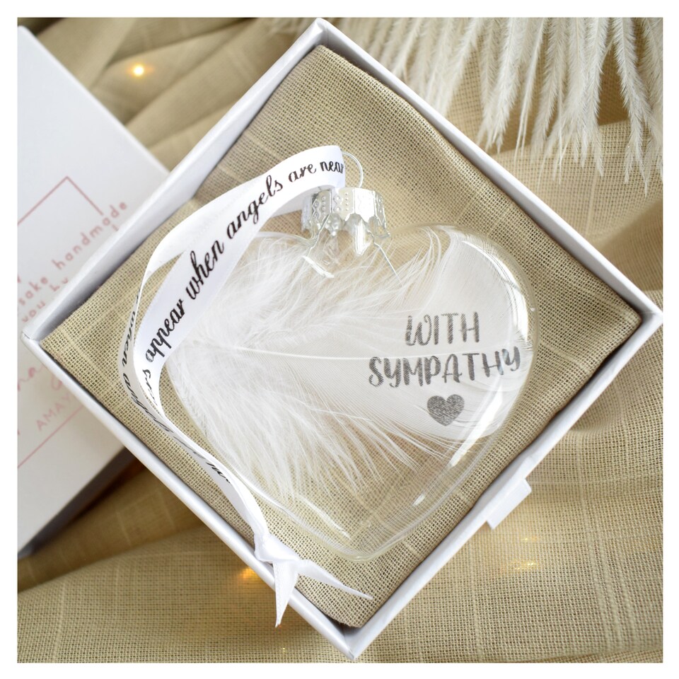 image 1 of WITH SYMPATHY In Memory of Feather Heart Bauble Gift Boxed