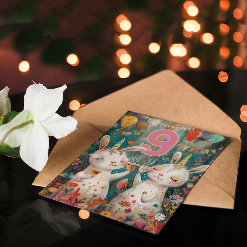 image 1 of Cute Bunny Unicorn 9th Birthday Card for Kids Son or Daughter