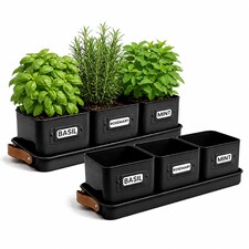 Set of 6 Black Indoor Herb Pots with Tray
