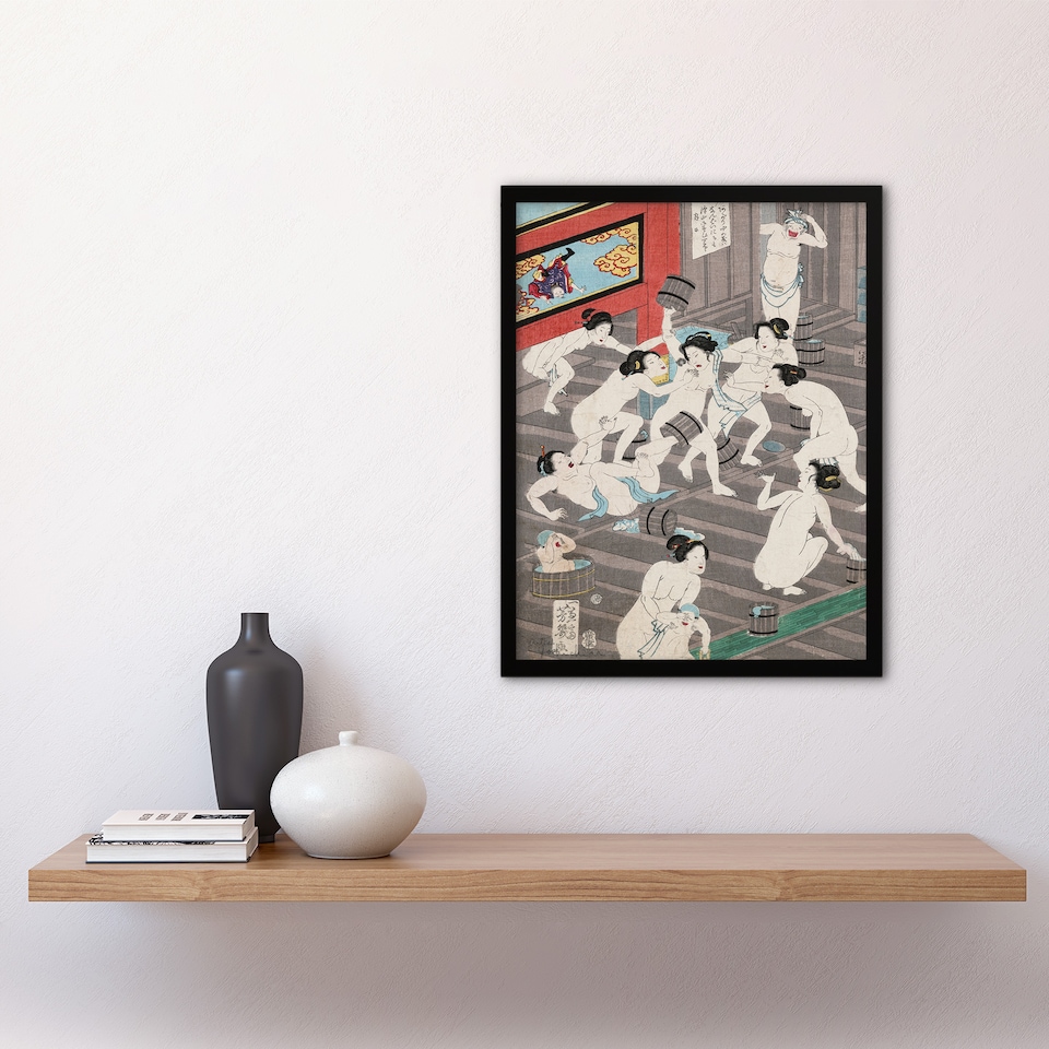 image 1 of Toyohara Kunichika Framed Wall Art Print Fight In Womens Public Bath Home Décor