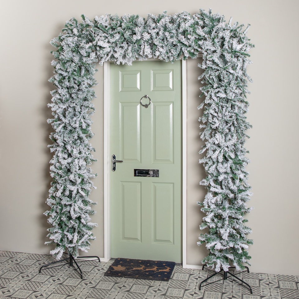 image 1 of 8ft Samuel Alexander Single Door Snow Flocked Christmas Tree Flat Top Arch with 2000 Tips