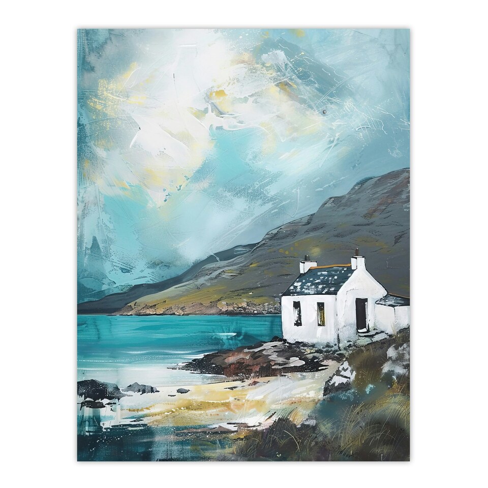 image 1 of White Scottish Cottage Loch Hills Oil Living Room Black Framed Wall Art Print A4