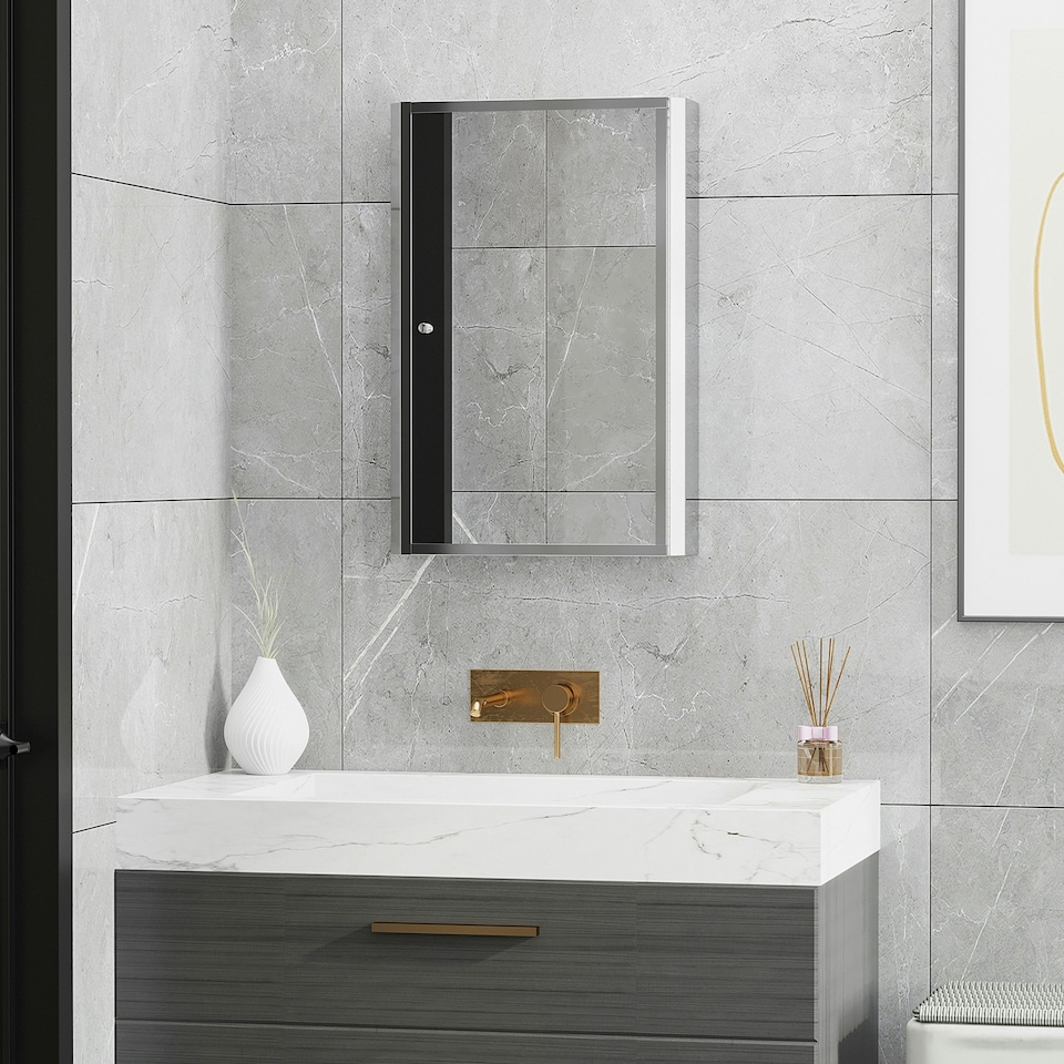 image 1 of HOMCOM Mirror Cabinet Shelves Bathroom Storage Stainless Steel Wall Cabinet