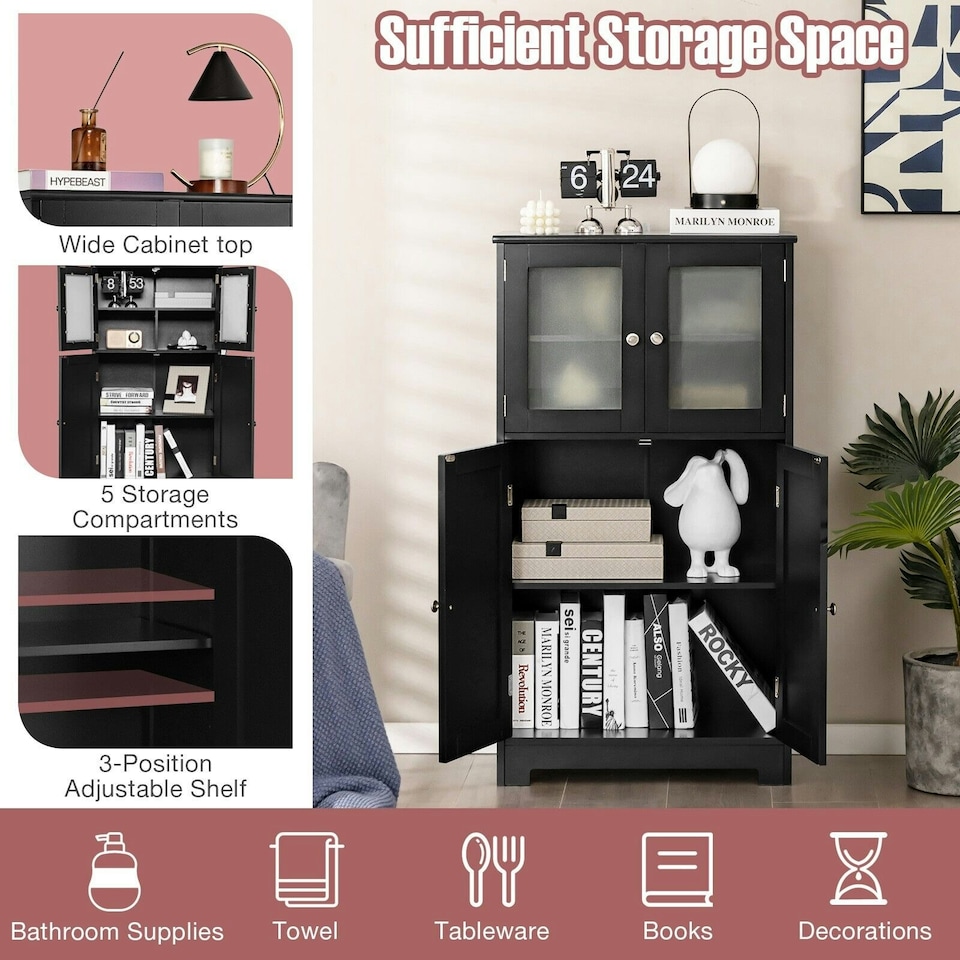 image 1 of COSTWAY 4-Door Bathroom Floor Cabinet Storage Cabine Black Black