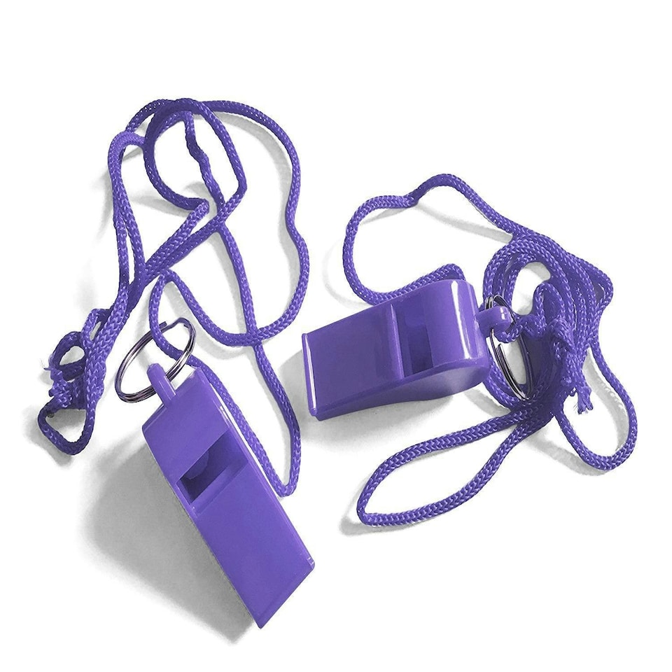 image 1 of Bag of 100 Purple Plastic Whistles with Lanyard Neck Cord