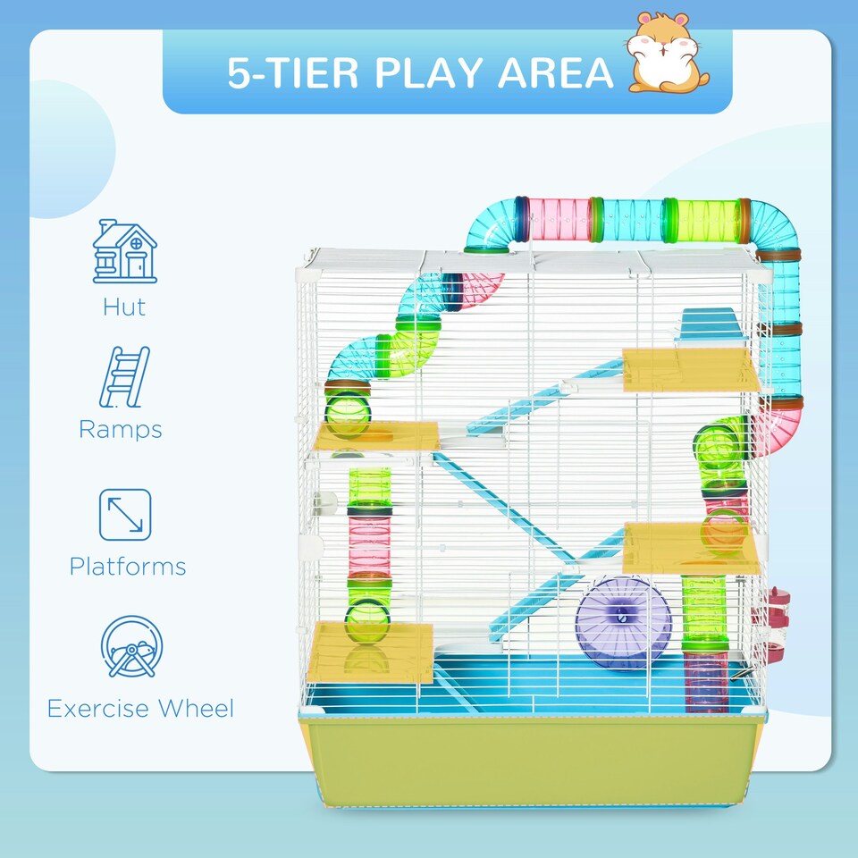 image 1 of PawHut Hamster Cage w/ Water Bottle, Exercise Wheel, Tubes, Ramps-Light Blue