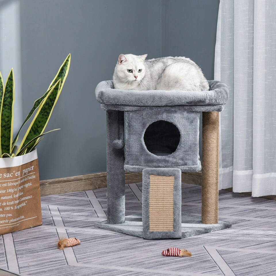 image 1 of PawHut Cat Tree Tower Indoor with Cats Scratching Post Cat House, Grey