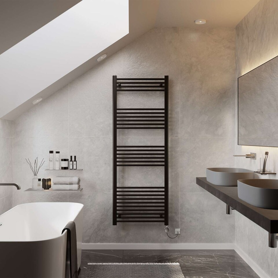 image 1 of Zennor - Black Electric Towel Rail H1600mm x W600mm Straight 800w Thermostatic