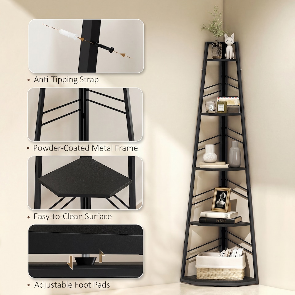 image 1 of HOMCOM 5-Tier Corner Bookcase, Floor Standing Shelving Unit | Black | Black | 36.5 x 36.5 x 159.5 cm