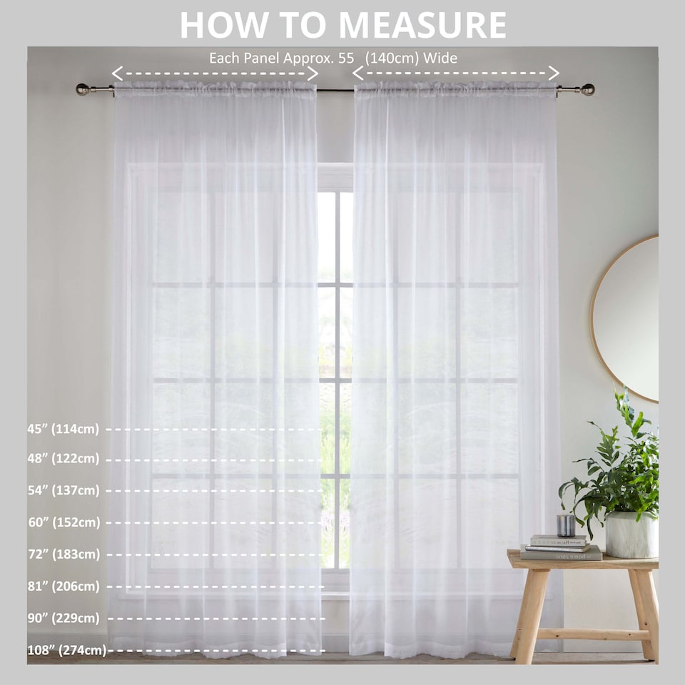 image 1 of Sheer White Plain Woven Voile Slot Top Curtain Panel Pair (55x48") 145x122cm