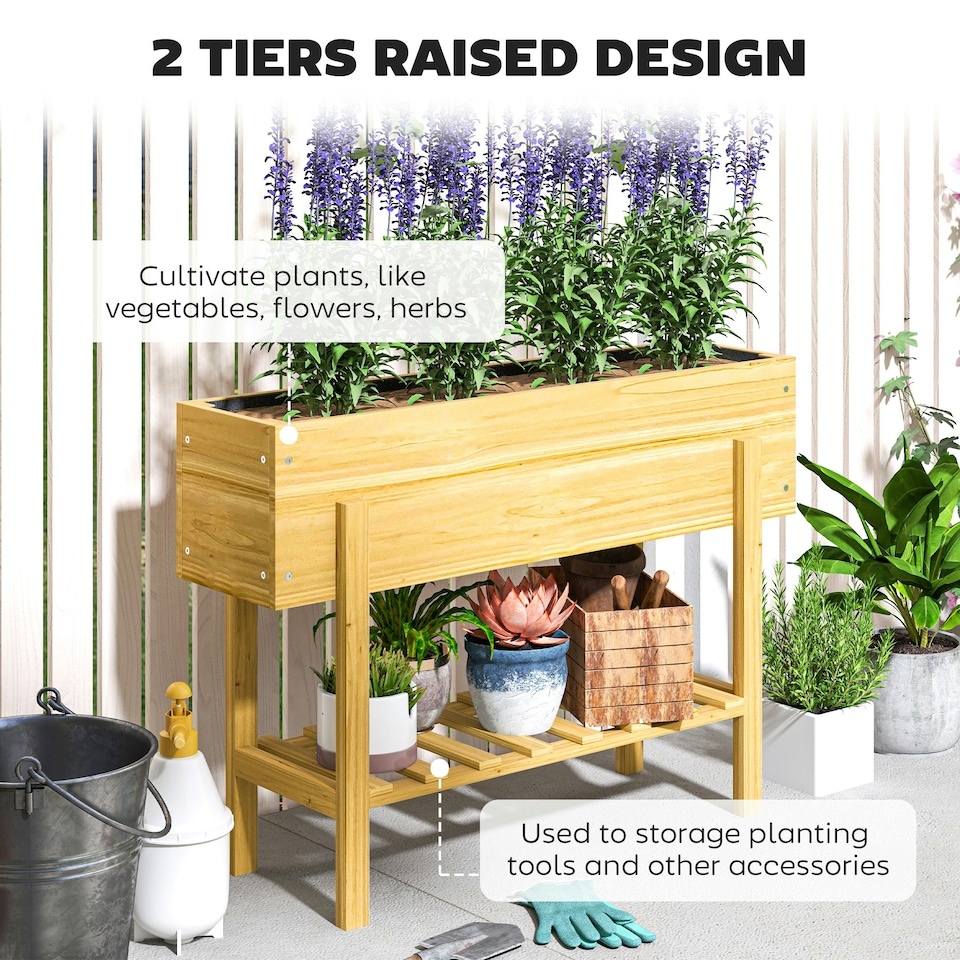 image 1 of Outsunny Wooden Raised Bed w/ Bed Liner, Storage Shelf