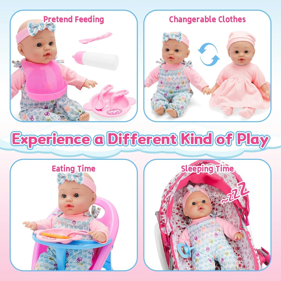 image 1 of 12 inch Baby Doll Feeding Play Set with Stroller High Chair Feeding Set Clothes Storage Bag Pretent Play
